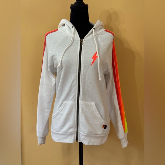 AVIATOR NATION WHITE ZIP UP NEON BOLT NEON STRIPES HOODIE - Picture 2 of 16